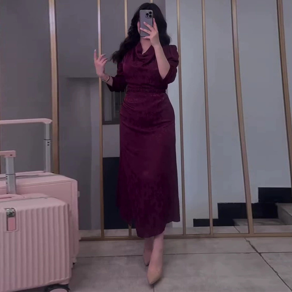 Forever 21 Cowl Neck Three Quarter Sleeve Slim-Fit Deep Red Elegant Long Dress